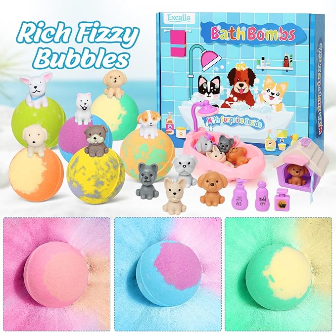 Bath Bombs for Kids with Toys Inside for Girls Boys, 12 Pack Kids Bath Bombs with Surprise Dog Pretend Playset, Handmade Bubble Bath Fizzies Birthday Christmas Gift Set - Bloomnest