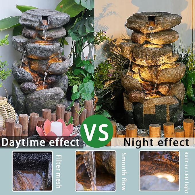 Garden Outdoor Fountains 4-Tier Rock Outdoor Water Fountain with Lights, 28.35" Waterfall Fountain for Garden, Patio, Yard, and Lawn, Natural Stone Look Water Features Outdoor Patio - Bloomnest