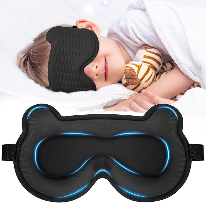 Kids Sleep Mask, 3D Sleeping Eye Mask for Kids with Adjustable Elastic Strap, Bear Shape Eye Cover with Memory Foam, Soft & Light-Blocking, Gift for Boys Girls Teens Age 5–15 (Black) - Bloomnest