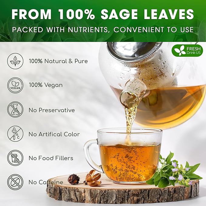 FreshDrinkUS, Premium 15 Sage Leaf Tea Bags, 100% Natural & Pure from Sage Leaves. Loose Leaf Sage Herbal Tea. Made with Natural Material Tea Bags. No Sugar, No Caffeine, No Gluten, Vegan. - Bloomnest
