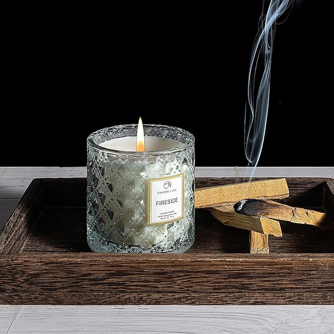 Chloefu LAN Smokey Fireside Scented Candle Gifts for Men Cashmeran Leather Candles for Home Scented, 55 Hours Long Burning, 8.1 Ounce Premium Soy Wax - Bloomnest