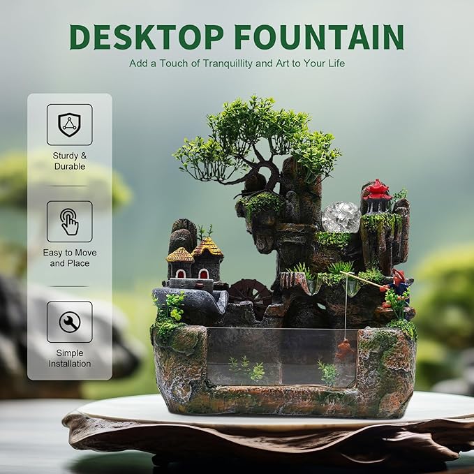 Waterfountain Indoors Rockery Fountain Goldfish Waterfall Desktop 12LED Decorat Tabletop Rockery Fountai Atomizing Humidifier Small Waterfall for Home Office Bedroom Relaxation US Plug 110V - Bloomnest