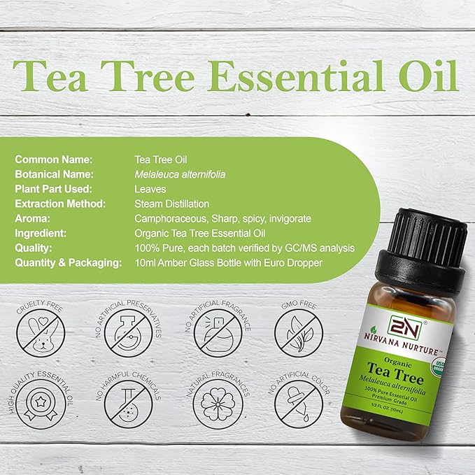 Tea Tree Essential Oil, USDA Certified Organic, 100% Pure Undiluted, Aromatherapy Oil for Diffuser, Hair & Skin Care NirvanaNurture