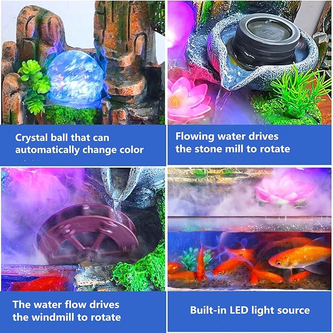 Fountain Waterfall Desktop with Light Indoor Fountain Zen Meditation Plants Stones LED Lamp Rockery Pump with Light Relaxation Resin Planter for Office Decoration (Fish) - Bloomnest