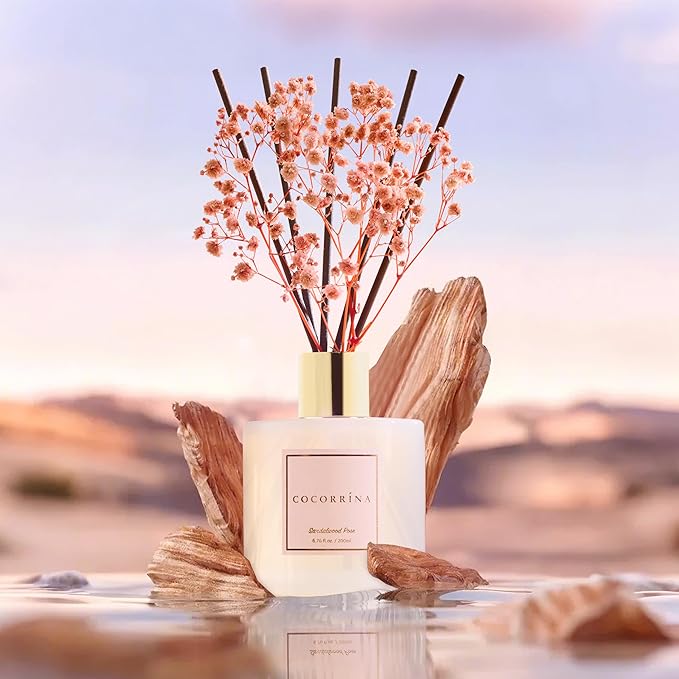 Cocorrína Premium Reed Diffuser Set with Preserved Baby's Breath & Cotton Stick Sandalwood Rose | 6.7oz Scent Fragrance Oil Diffuser for Bedroom Bathroom Home Décor - Bloomnest