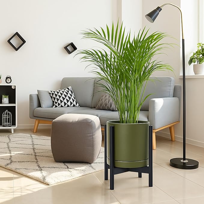 D'vine Dev Ceramic Planter with Ebony Stand - 12 Inch Modern Round Flower Pot with Wood Planter Holder, Olive, 55-B-H-J - Bloomnest