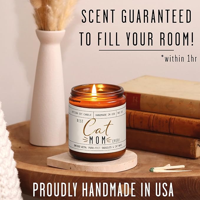 Cat Mom Gifts, Cat Gifts for Women Unique, Cat Lover Gifts for Women - 'Best Cat Mom Ever' Candle, w/Vanilla, Coconut & Vetiver I Cat Decor Themed I Cat Gifts for Cat Lovers I 50Hr Burn, USA Made - Bloomnest
