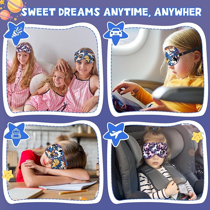 Silk Kids Sleep Mask: 100% Mulberry Silk Eye Mask, Sleeping Masks with Adjustable Strap, Soft & Light-Blocking Printed Kid Eye Cover for Boys Girls Teens Aged 5-15 (Space Dog Theme) - Bloomnest