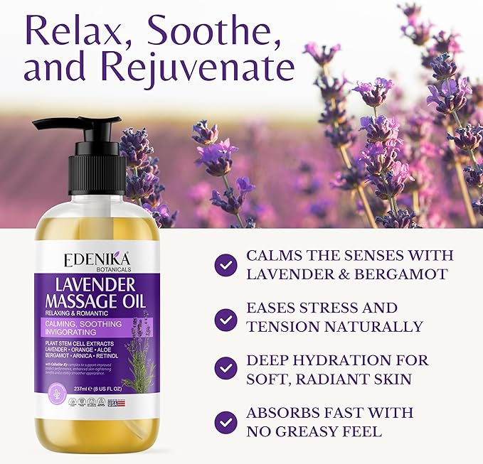 Lavender Aromatherapy Massage Oil for Couples, Romantic & Relaxing Body Oil with Calming Lavender Scent. Helps Relax The Body & Soothe The Senses, 2-Pack