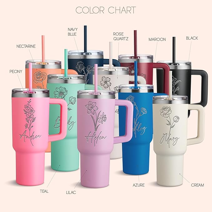 Custom Engraved 40 Oz Tumbler with Handle - Birth Flower and Name Design, Double-Wall Insulated Coffee Cup - Birthday Gifts for Women, Lilac - Bloomnest