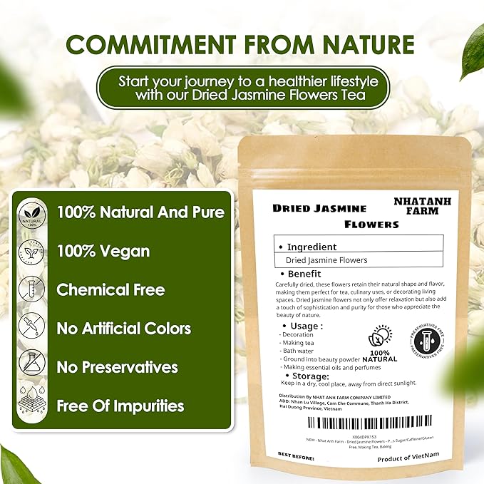 Nhat Anh Farm - Dried Jasmine Flowers - Pure Jasmine Buds 3.5oz(100g) Natural & Pure - Dried Jasmine Flowers Sugar/Caffeine/Gluten Free. Making Tea, Baking - Bloomnest