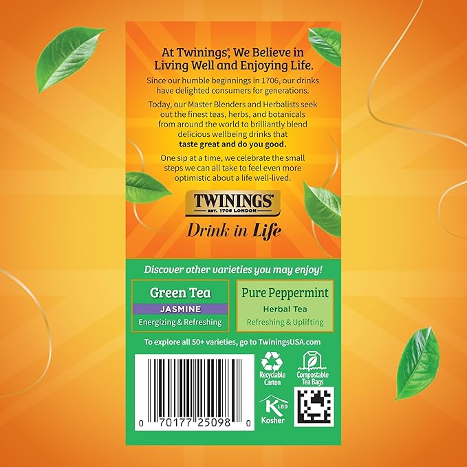 Twinings Green Tea with Mint Individually Wrapped Bags, 20 Count (Pack of 1), Invigorating Aroma, Caffeinated, Enjoy Hot or Iced, 20 Teabags - Bloomnest