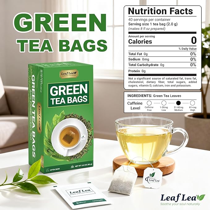 LeafLea 80 Premium Green Tea Bags, Pure Green Tea Leaves, Bright & Mild Flavor with Caffeine, Daily Wellness and Naturally Uplifting, Sugar-Free, Non-GMO, Vegan, Individually Wrapped (2 Pack) - Bloomnest