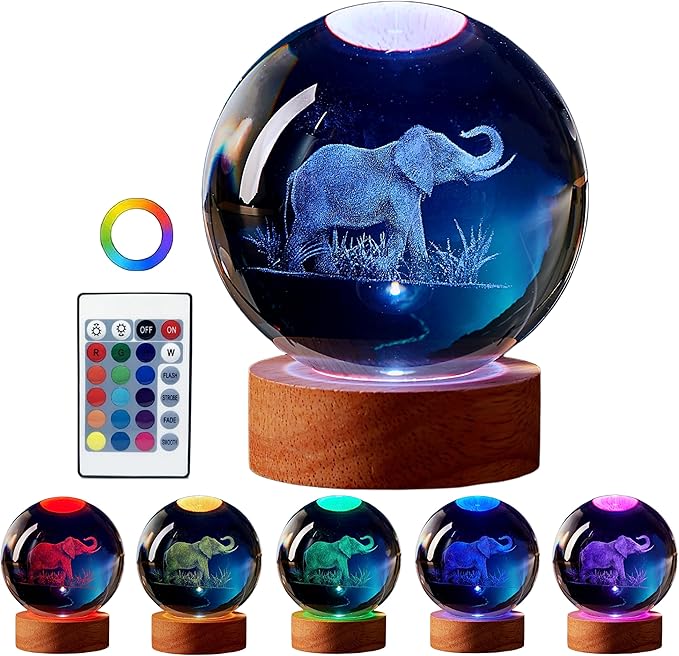 Elephant Crystal Ball Lamp, 3.15 inch, Night Light with Wooden LED Base, Glass Ball with USB, Remote Control, 16 Color Change, Gift Box - Bloomnest