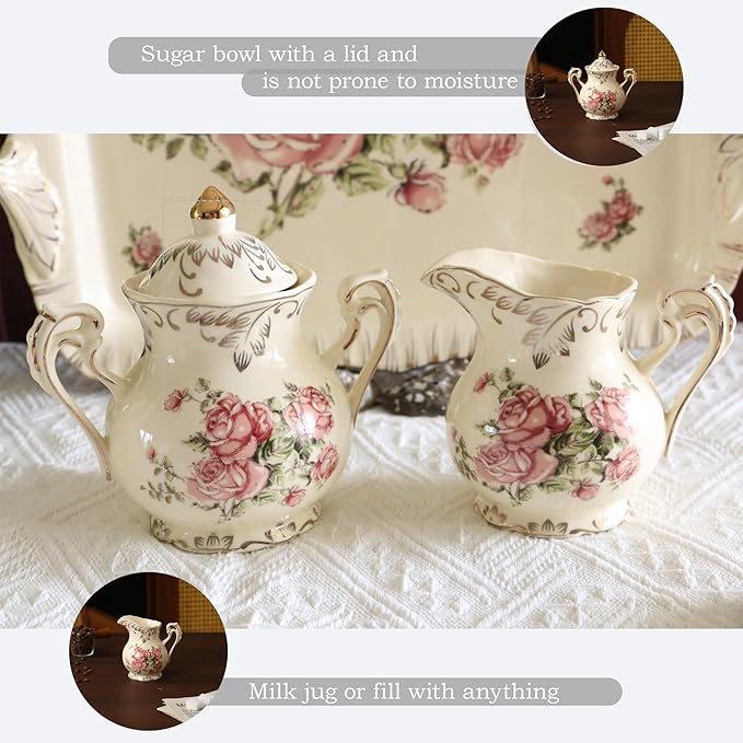 Ceramic Tea Set, 4 Cups and Spoons, One Sugar Bowl, One Milk Kettle, One Storage and Removeable Tray, Pink Rose - Bloomnest