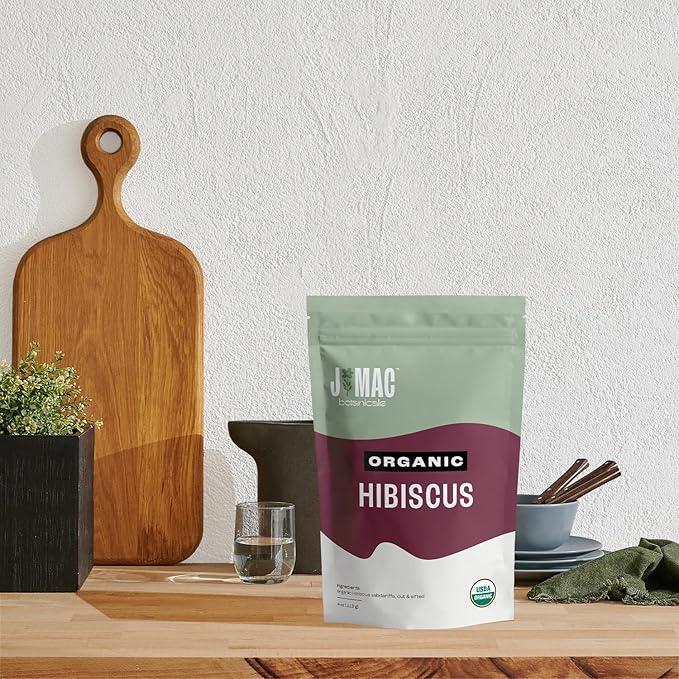 J Mac Botanicals, Organic Hibiscus Flower (4 ounce), Hibiscus tea, cut & sifted flowers, dried from Egypt, herbal tea leaves, Flor de Jamaica, edible - Bloomnest