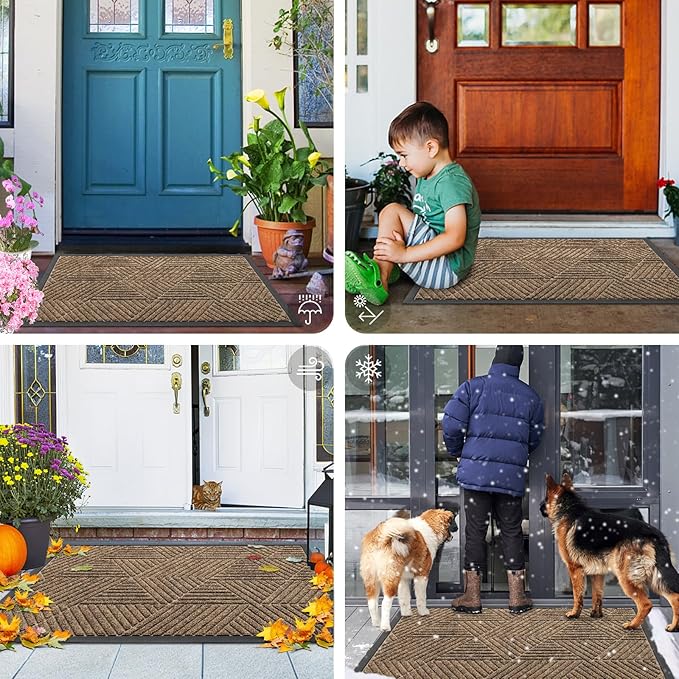Smiry Front Door Mat Outside Entrance, Heavy Duty Sturdy Natural Rubber Doormat, Trap Dirt and Moisture, Easy Clean Low Profile Mats for Indoor Outdoor Entry, Irregular Triangle (36x24, Brown) - Bloomnest
