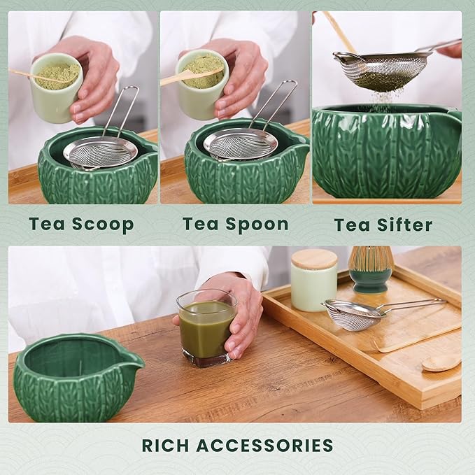 Matcha Whisk Set, Cactus Dark Green Ceramic Matcha Set Includes Matcha Bowl, Matcha Whisk (Chasen) and Holder, Sifter, Bamboo Scoop & Spoon - 6 Pcs Matcha Kit for Matcha Lovers - Bloomnest