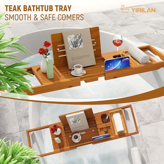Yirilan Teak Bathtub Tray for Tub, Bath Table Tray for Tub Wood, Bathtub Caddy, Luxury Gift for House Warming, Wedding, Bridal Shower, Anniversary - Bloomnest