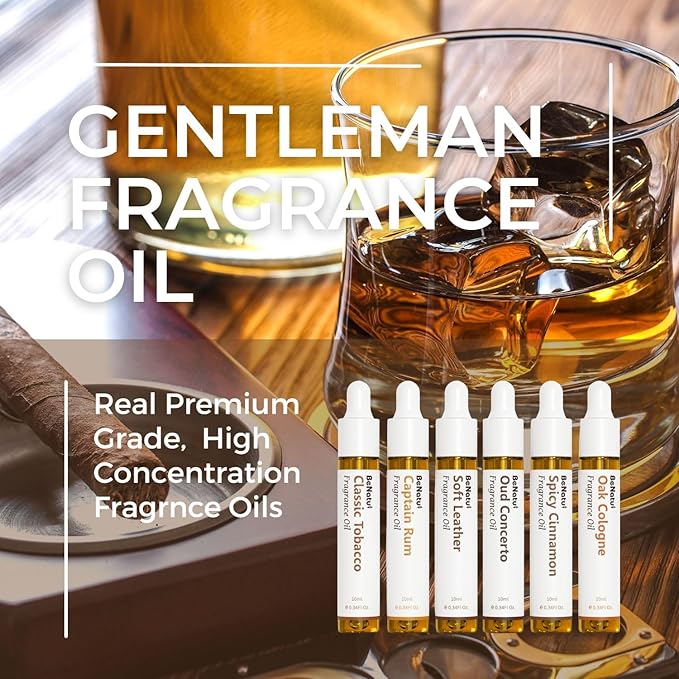 Benatu Gentleman Premium Fragrance Oils Set for Diffuser, Candle, Soap Making - Men Scents Aromatherapy Perfume Oil Gift for Home (Tobacco, Rum, Leather, Ebony, Spice Cinnamon, Oak Cologne) 6 Pcs - Bloomnest