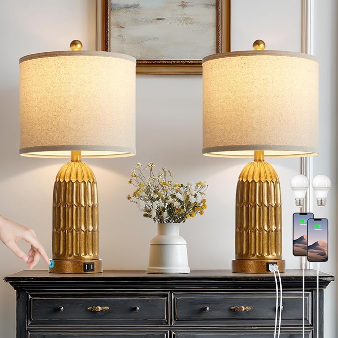 Table Lamps for Bedroom Set of 2, Farmhouse 3-Way Dimmable Touch Nightstand Lamp with 2 USB Charging Ports, Vintage Rustic Traditional Bedside Lamp for Living Room End Table - Bloomnest