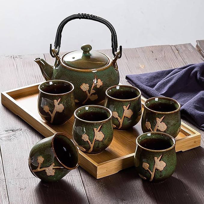KEYDUACU Japanese Tea Set, Kiln-Formed Ceramic Tea Set, Plum Blossom Embossed, Includes 1 Teapot, 6 Teacups,Tea Tray,Strainer, Used for home, outdoor, gift, Chinese Kung Fu Tea Set(FDMH-GREEN) - Bloomnest