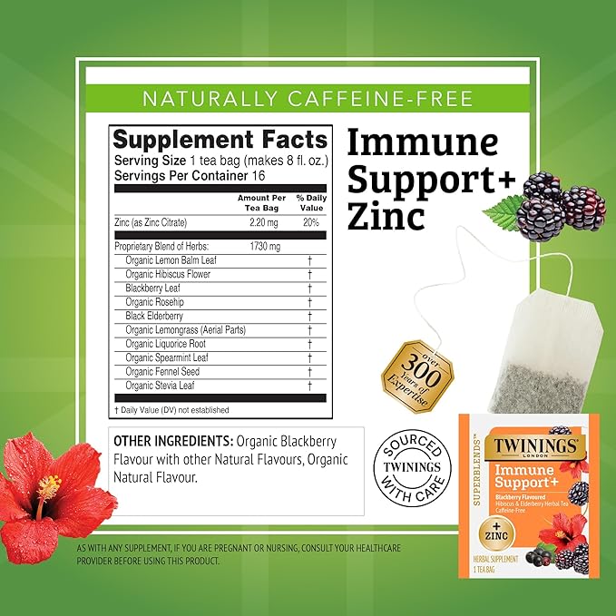 Twinings Superblends Immune Support+ Zinc Blackberry Flavoured Hibiscus & Elderberry Herbal, Naturally Caffeine-Free, 16 Count (Pack of 1), Enjoy Hot or Iced, 16 Teabags - Bloomnest
