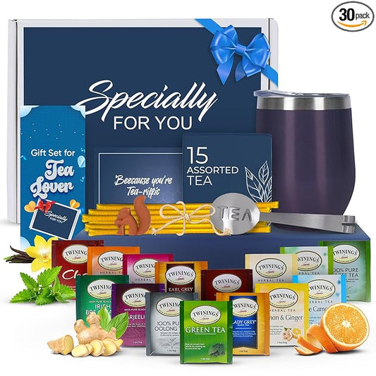 Tea Gifts for Women – Sampler Gift Basket with 15 Unique Blends, Honey Sticks, Stainless Tumbler & Gift-Ready Box (Blue/Blue box) - Bloomnest