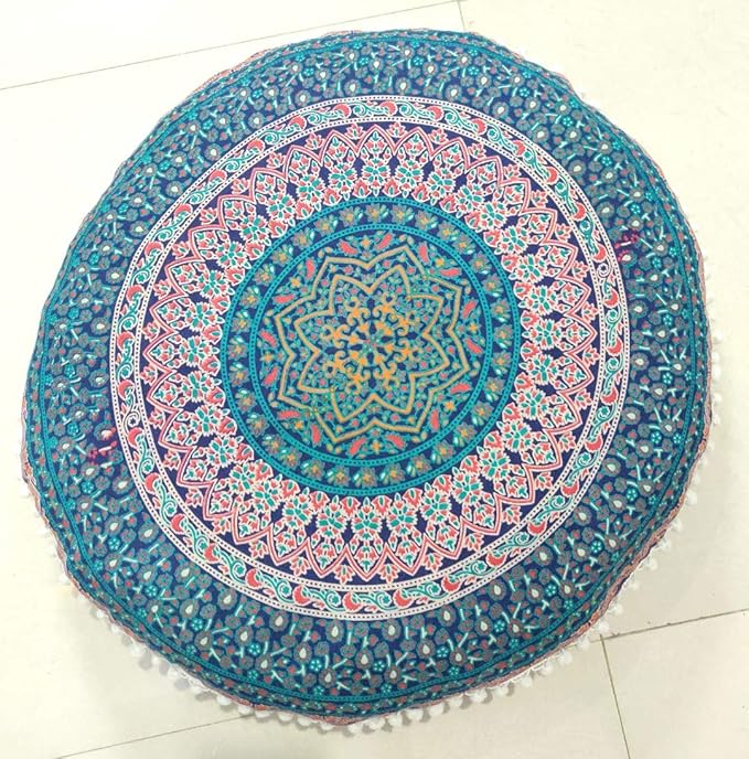 INDIAN CRAFT CASTLE 24" Brown Peacock Mandala Barmeri Large Floor Pillow Cover Cushion Meditation Seating Ottoman Throw Cover Hippie Decorative Zipped Bohemian Pouf Ottoman Pom Pom Cases 24" Round - Bloomnest