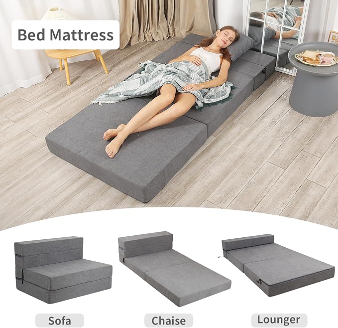 Futon Sofa Bed, High-Density Memory Foam Couch with Fluffy Pillow, Folding Floor Guest Bed, Twin Size, Dark Grey - Bloomnest