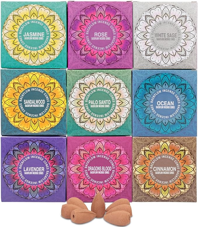 Set of 9 Backflow Incense Cones Gift Variety Pack - White Sage, Dragons Blood, Palo Santo, Jasmine, Lavender, Ocean, Sandalwood, Cinnamon, Rose for Waterfall Aromatic Smoke Fountain Haze Falls FOUCILO