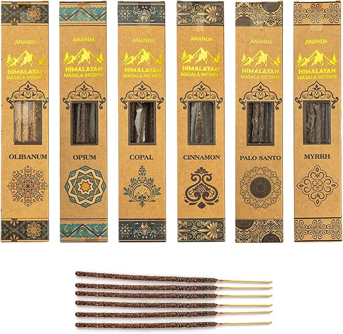 Himalayan Smudge Incense – 6 Fragrant Scents: Palo Santo, Copal, Myrrh, Cinnamon, Opium, Olibanum | 60 Sticks + 6 Dhoop | Masala Blend with Resins, Herbs & Essential Oils | Handcrafted Rushant