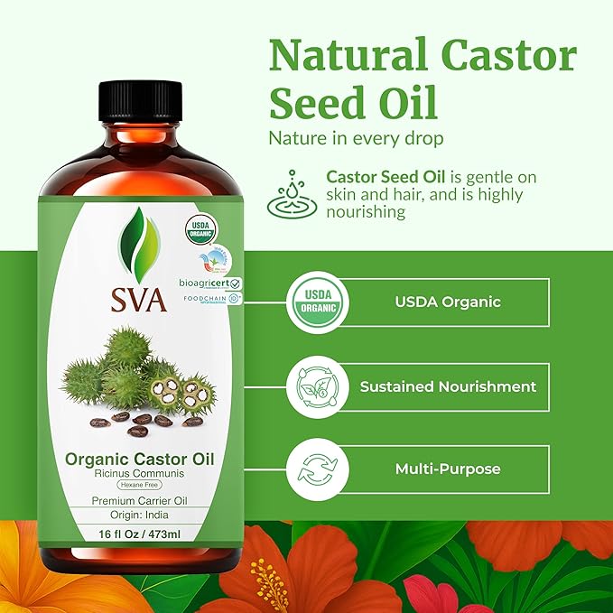 SVA Castor Seed Oil Organic - 16 Fl Oz – 100% Natural Cold Pressed Organic Castor Oil - for Face, Skin Care, Hair Care, Scalp Massage & Body Massage with Pump - Bloomnest