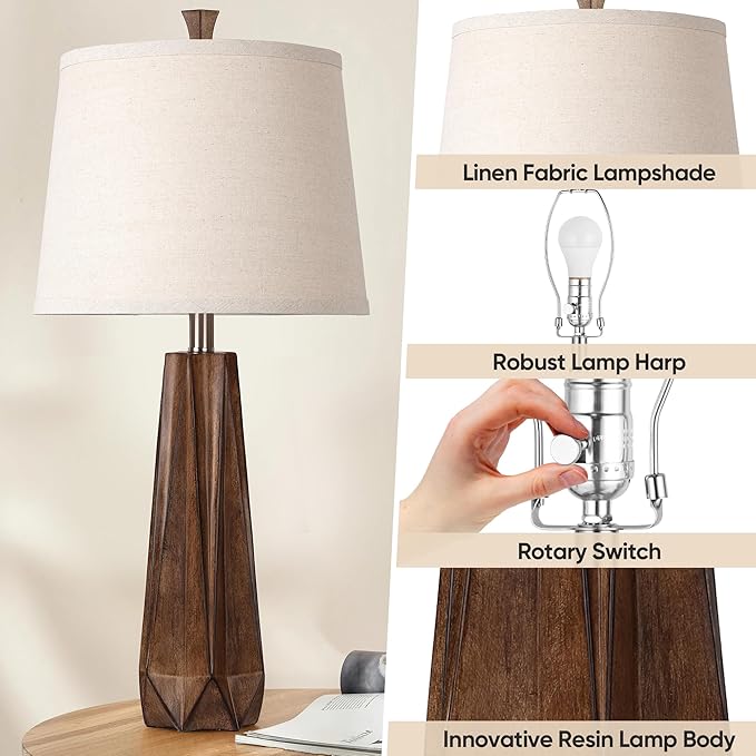 WIHTU 3 Color Temperature Table Lamps Set of 2, Beside Lamp with Linen Shade, 27'' Wood Grain Color Modern Table Lamp for Living Room, Resin Desk Lamp for Nightstands Bedroom Decor (2 Bulbs Included) - Bloomnest