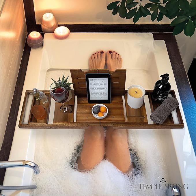 Temple Spring Foldable Bathtub Tray, Unique Design Selfcare Bathroom Caddy, Acacia Spa Bathroom Tray, Wooden Bathtub Accessories, Wedding Gift/Birthday Gift/New Home Bath Table – Not Teak - Bloomnest