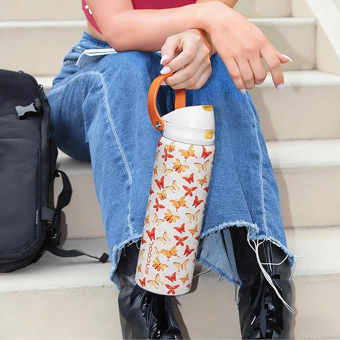 ENCOOL Leakproof Insulated Water Bottle with Straw Dual-Sip Water Bottle Bag-Safe Design for Work, Commute & Gym – Keeps Drinks Cold All Day, 24 oz, Sunset Butterflies ENCOOL