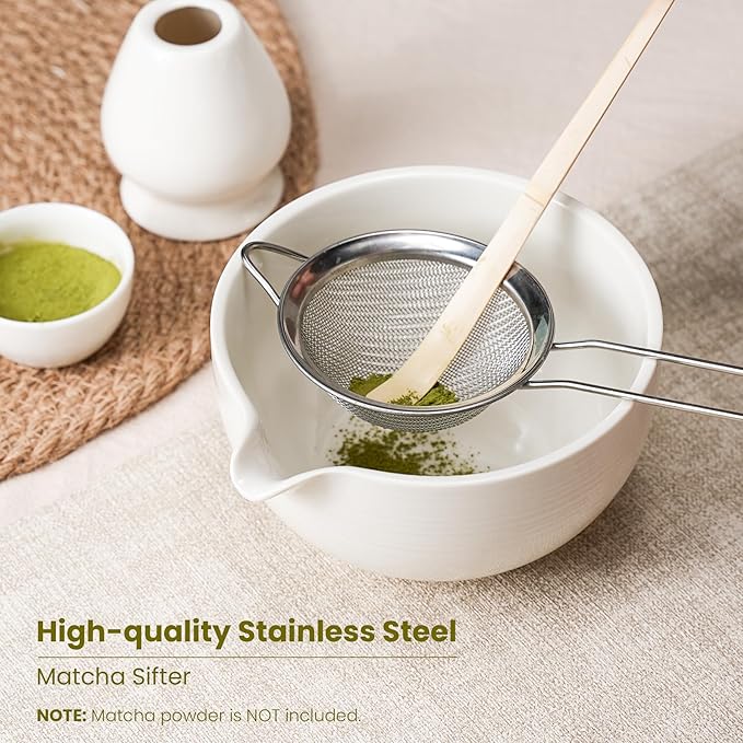Matcha Whisk Set, Handcrafted Bamboo Chasen & Ceramic Bowl Matcha Kit, Complete 5 Pcs Matcha Set Whisk and Bowl W/Stainless Steel Sifter, Bamboo Scoop & Holder for Matcha Tea Ceremony (White) - Bloomnest