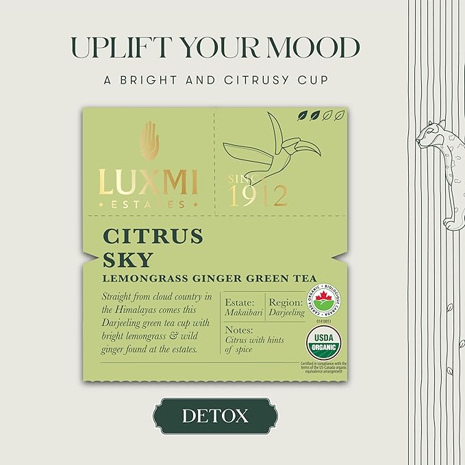 Luxmi Estates Citrus Sky Lemongrass Ginger Green Tea 200g Loose Leaf Pack | Certified Organic Darjeeling Green Tea | Citrus Flavor & Aroma | Natural Lemon Balm Tea - Calming, Supports Digestion | Lemon Grass Leaves | 100 Cups - Bloomnest