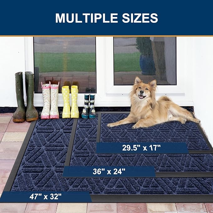 Smiry Front Door Mat Outside Entrance, Heavy Duty Sturdy Natural Rubber Doormat, Trap Dirt and Moisture, Easy Clean Low Profile Mats for Indoor Outdoor Entry, Grid Geometric (59x35, Navy Blue) - Bloomnest
