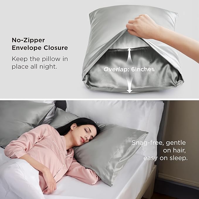 Bedsure Satin Pillowcase 2 Pack Similar to Silk Pillow Cases Standard Size, Pillow Case for Sleeping Women with Envelope Closure, Gifts for Women Men, Silver Grey, 20x26 Inches, 2pcs - Bloomnest