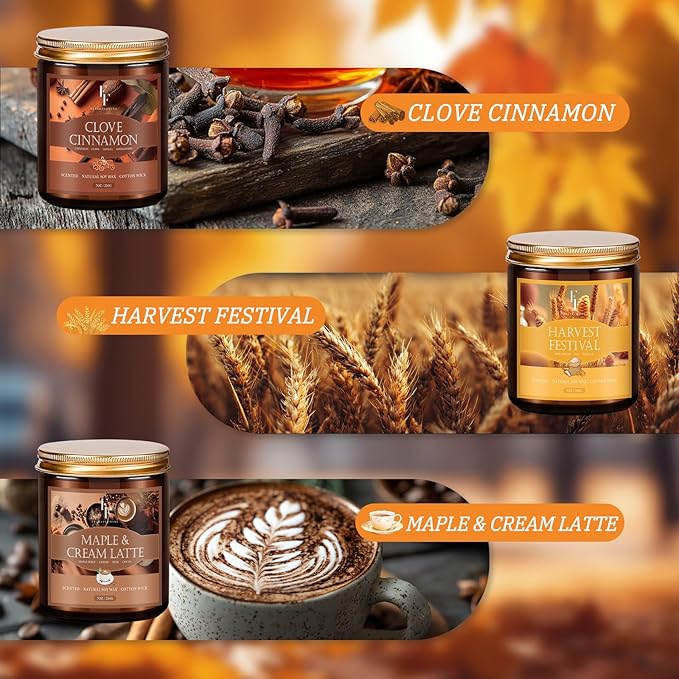 Fall Candles Set, 6 Pack Candles for Home Scented Natural Soy Wax, Autumn Gifts Set for Women Men, Fall Fragrance of Pumpkin/Cinnamon/Vanilla Cupcake/Apple/Harvest/Latte - Bloomnest