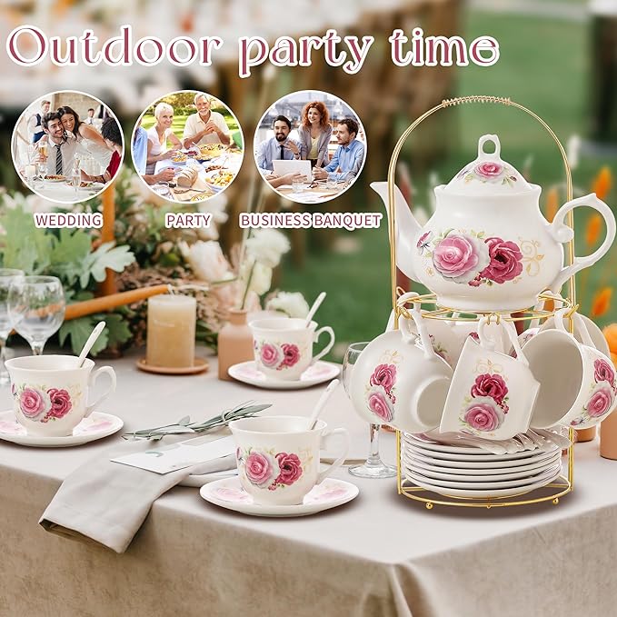 20-Pieces Porcelain Tea Sets For Women, Tea Set For Adult with Golden Metal Rack,Tea Gift Sets for Home&Party(014) - Bloomnest