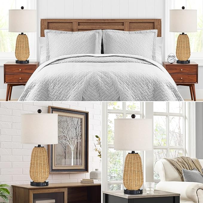 Touch Control Rattan Table Lamps, 3 Way Dimmable Bedside Lamps for Bedroom Set of 2 with 2 USB Ports and AC Outlet, Grass Rope Nightstand Lamps for Living Room Office (2 LED Bulbs Included) - Bloomnest
