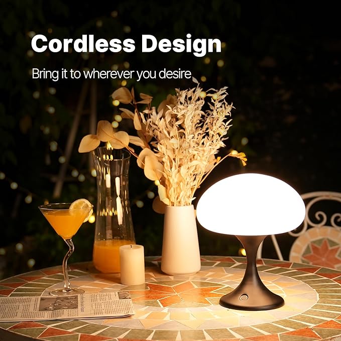 Mushroom Lamp, 5W LED Cordless Rechargeable Table Lamp with Glass Shade, Small Retro Dimmable Touch Light with 3 Color Temps, Aesthetic Mid Century Bedside Light for Bedroom Ambient, Black - Bloomnest