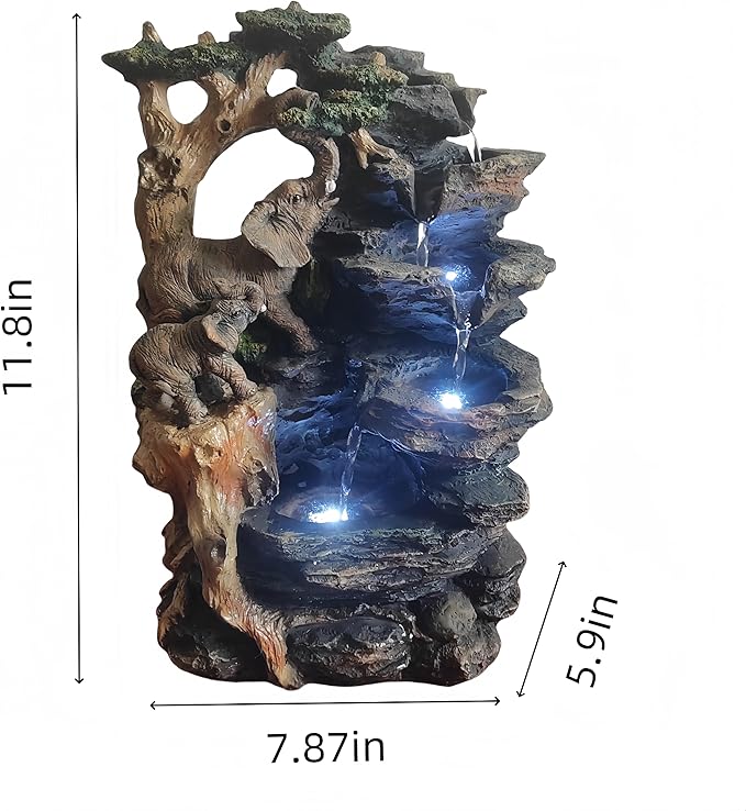 Water Fountain Indoor, Desktop Fountain Waterfall,Elephant Sculpture Layered LED Lighting. Indoor Office and Home Decorations Suitable for Creating a Peaceful Atmosphere. - Bloomnest