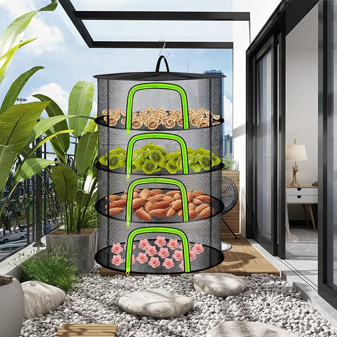 Coopache 4 Layer Herb Drying Rack Hanging Mesh Plant Dry Net Basket for Herbs Plants Flower Vegetables Spices Fish Food with Green Zippers - Bloomnest