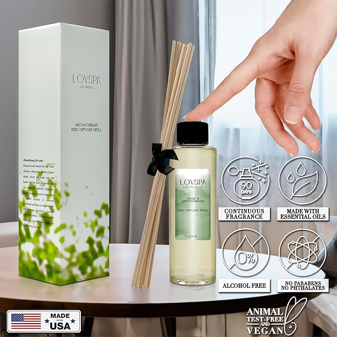 LOVSPA Sage & Lemongrass Diffuser Oil - Luxury Essential Oils for Diffuser Refill & Air Freshener Room Spray - Long-Lasting & Natural Home Fragrance, Scented Oil for Diffusers, USA Made, 4oz - Bloomnest