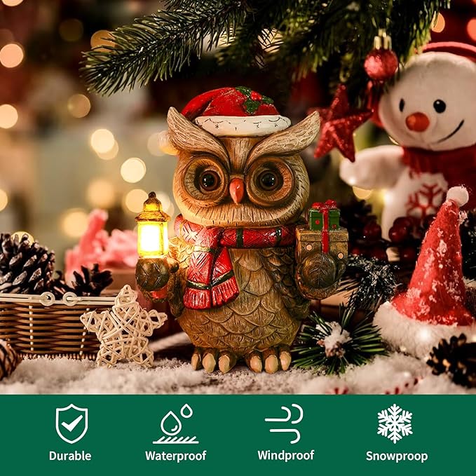 Solar Christmas Owl Decoration Resin Owl Outdoor Statue with LED Lantern for Porch Garden Patio Yard Home Decor Christmas Housewarming Gifts for Women Mom - Bloomnest