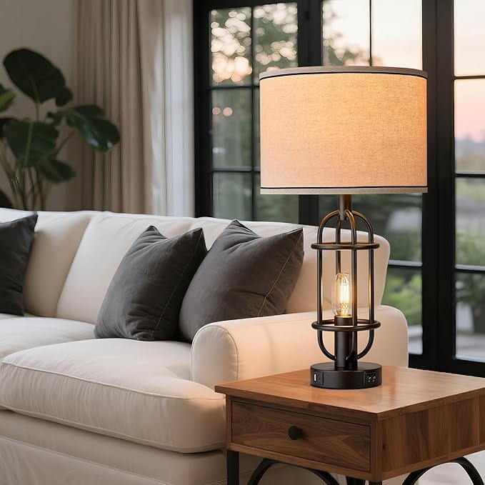 Black Table Lamps for Living Room Set of 2, 22.3" Farmhouse Lamps for Nightstand, Industrial Table Lamps for Bedroom with USB Ports, Bulbs Included - Bloomnest