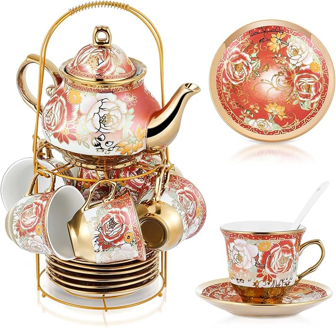 Zhehao 20 Pcs Porcelain Tea Set with Metal Holder and Spoon Adult Ceramic Tea Set European Flower Painting Teapot Cup Saucer Spoon for Women, Large Version(Noble Style) - Bloomnest